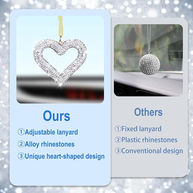 Bling Heart Car Hanging Accessories, Car Accessories for Women, Bling Rear View Mirror, Universal Bling Heart Diamond Car Accessories for Cars, Trucks, SUVs (Silver)