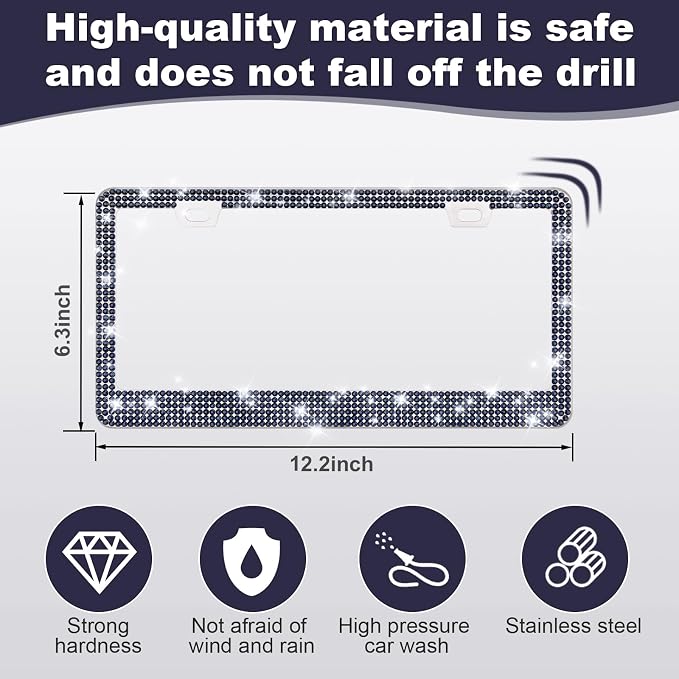 QUANQIUFEI 2 Pack Bling License Plate Frames for Women, Sparkly Rhinestone Diamond Car Accessories with Glitter Crystal Caps (Navy Blue)