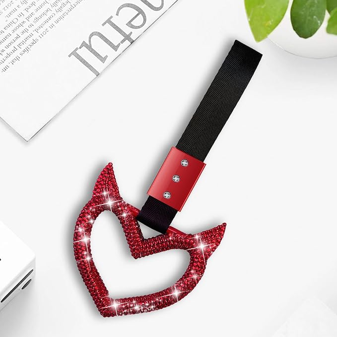 NBTEPEM Bling Heart Handle Keychains Bling Car Accessories for Women Hand Strap Drift Charm Rear Bumper Warning Ring Tsurikawa Heart Decor for Car Interior Exterior Decoration (Red, Devil Style)