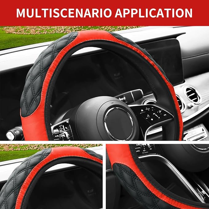 15 Inch Leather Steering Wheel Cover, Automotive Accessories Breathable Anti-Slip Elastic Soft Wheel Protector, Fit for Most SUVs Trucks and RVs (Black/Red)