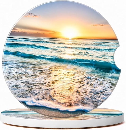 2Pack Car Cup Holder Coasters Absorbent Ceramic Coaster 2.56" for Women & Men Wave Beach Sunset Car Accessories
