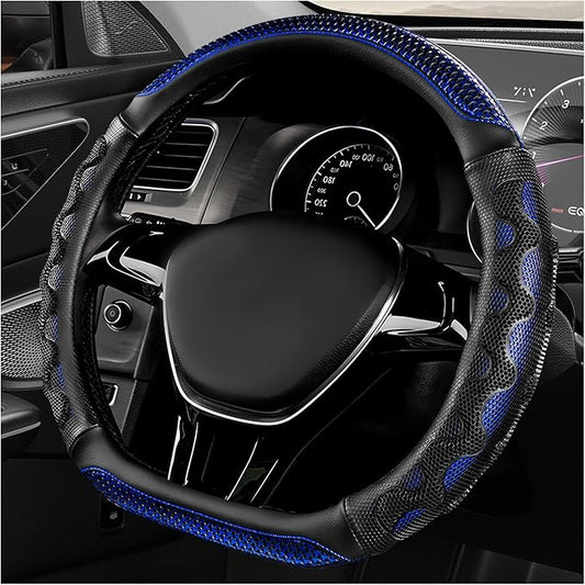 D-Shaped Steering Wheel Cover, Leather Car Wheel Protector with 3D Honeycomb Anti-Slip Design, Universal Breathable Comfy Cover Fits 14.5-15 Inch Steering Wheels, Car Accessories (Blue)