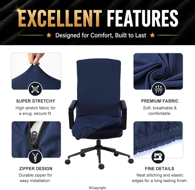 Stretch Computer Office Chair Cover with Durable Zipper - Universal Washable Removable Spandex Rotating Boss Chair Slipcovers - Anti-dust Desk Chair Seat Protector for Dogs, Cats, Pets (Navy)