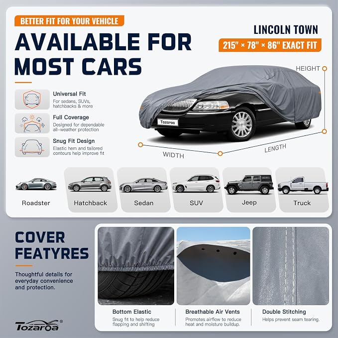 Large Car Cover Waterproof All-Weather,Outdoor Full Exterior Covers Custom Fit for Thunderbird,Impala,Town,Cutlass,Cadillac DeVille,Bel Air,Caprice,etc,Size C6(See Size Chart)