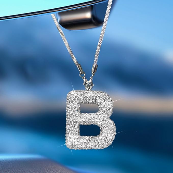 Bling Car Accessories for Women Letter Charm, Rear View Mirror Ornament Cute Hanging Crystal Pendant Girl Car Decorations, Lucky Diamond Rhinestone Girly Charm Interior (White B)