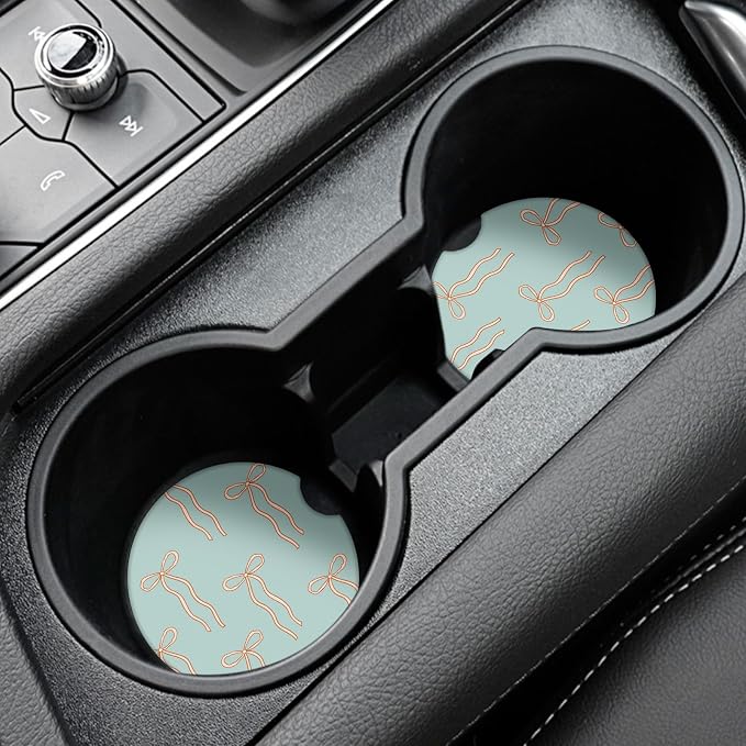 Cute Bowknot Car Coasters,Absorbent 2 Pack for Cup Holders with Finger Notch,2.56 inches Ceramics Heat Resistant Anti Slip Cork Base Car Drinks Coasters Auto Cup Holder