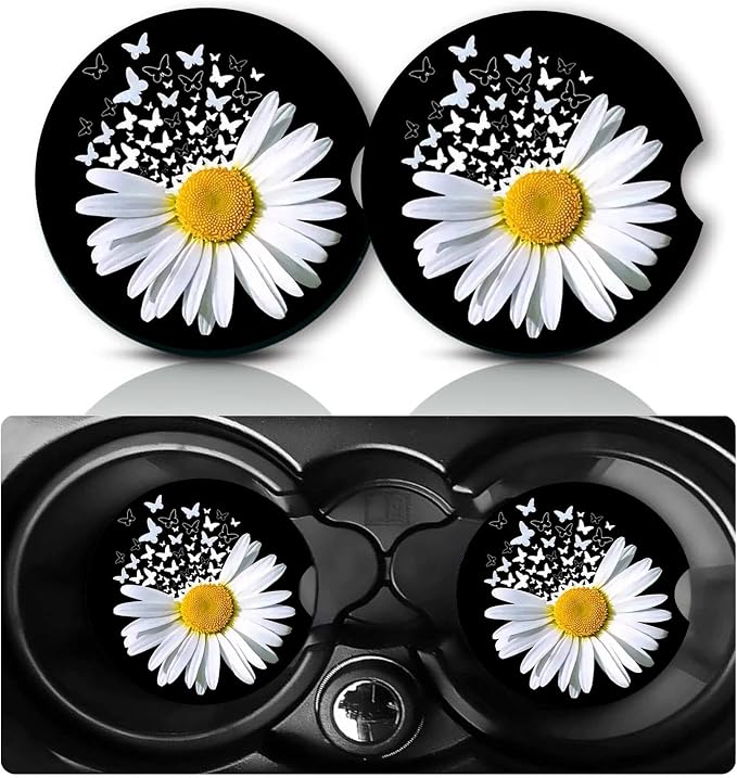 2Pcs Daisy Car Coasters,2.75" Neoprene Rubber Cars Cup Holder Coasters | Universal Non‑Slip Mat, Drink Coaster Decor Auto Accessories Daisy Butterfly Gifts for Women,Men