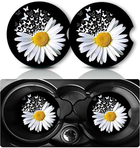 2Pcs Daisy Car Coasters,2.75" Neoprene Rubber Cars Cup Holder Coasters | Universal Non‑Slip Mat, Drink Coaster Decor Auto Accessories Daisy Butterfly Gifts for Women,Men