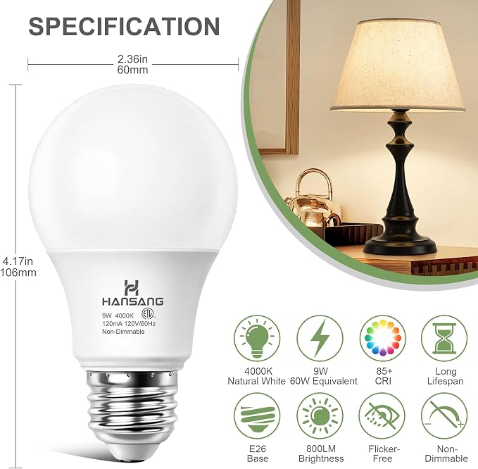 24 Pack A19 LED Light Bulbs, 60W Equivalent, 4000K Natural White LED Bulb with E26 Standard Base, Efficient 9W, Non-Dimmable, 800 Lumens, 120V, CRI 85, Eye-Friendly for Bedroom Living Room