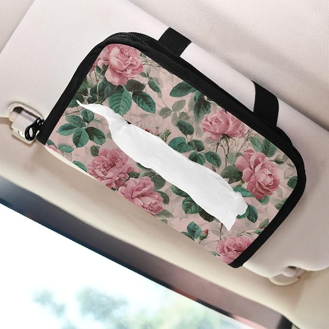 Car Visor Tissue Holder Mask Holder for Car, Car Tissue Box Sun Visor Napkin Holder Car Visor Accessories Adjustable Straps Reusable Durable Easy to Install Pink Vintage Roses with Leaves