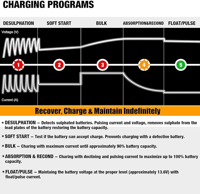 MOTOPOWER 12V 1000mA Automatic Charger - Battery Maintenance - Maintain Charger and Battery Desulfator with Timer Protection.