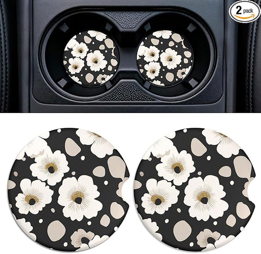 2 Pack Ceramic Car Coasters for Cup Holder, 2.56 in Anti Slip Absorbent Coaster with Cork Base and Finger Notch, Funny Cute Car Accessories for Women, Daisy