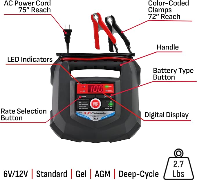 Schumacher Electric Car Battery Charger 12V/6V - Trickle Charger, Maintainer for Automobile & Marine Batteries (AGM/Gel/Deep Cycle) - SC1280