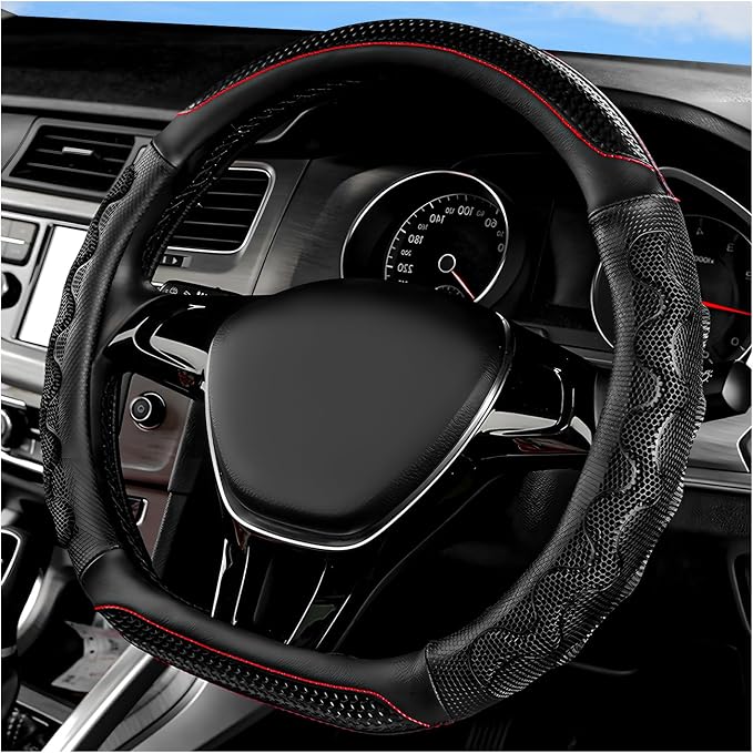 Car Steering Wheel Cover, 15 Inches Leather Comfy Grip Steering Wheel Protector with 3D Honeycomb, Anti-Slip D-Shaped Wheel Wrap Cover for Most Vehicles, Car Accessories (Black)