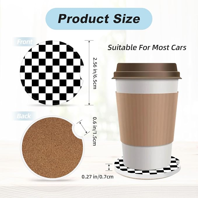 Black White Checkered Car Coasters for Cup Holders,2 Pack Car Cup Holder Coasters for Car,Ceramic Absorbent Car Coaster with A Finger Notch and Cork Base,Car Interior Accessories for Women Men