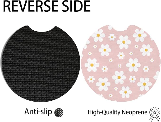 2pcs Cute White Flowers Car Coasters,Absorbent Universal neoprener Cup Holder Coasters with a Finger Notch,Car Accessories for Women&Man Interior，2.75" 3