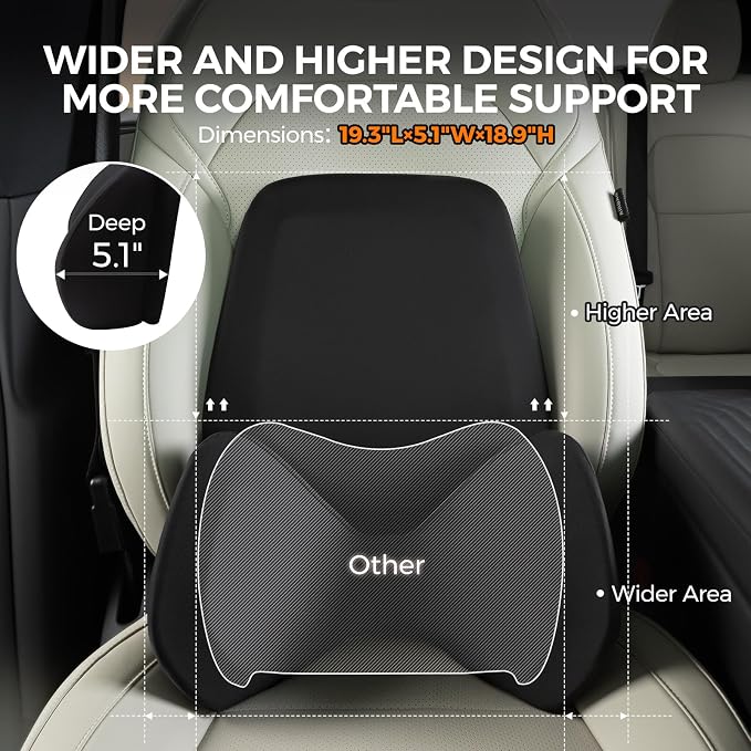 BEBAS Ergonomic Lumbar Support Pillow for Car, Memory Foam Back Support for Lower Back Pain Relief, Detachable Lumbar Cushion for Driving, Extended Lumbar Pillow for Car Seat, Office Chair -Black