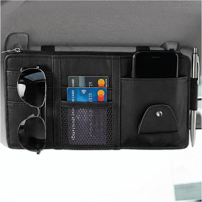 Car Sun Visor Organizer, Multifunctional Auto Visor Storage Bag with Net Pocket & Eyeglass Clamp, Waterproof Multi-Pocket Storage Pouch Ticket Organizer for Car Sun Visors (Black)