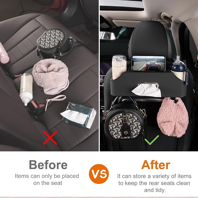 Car Rear Backseat Extra Multifunctional Drink Cup Holder Organizers with Tissue Storage Box Organizer & Hooks for Car Seat Back. Black