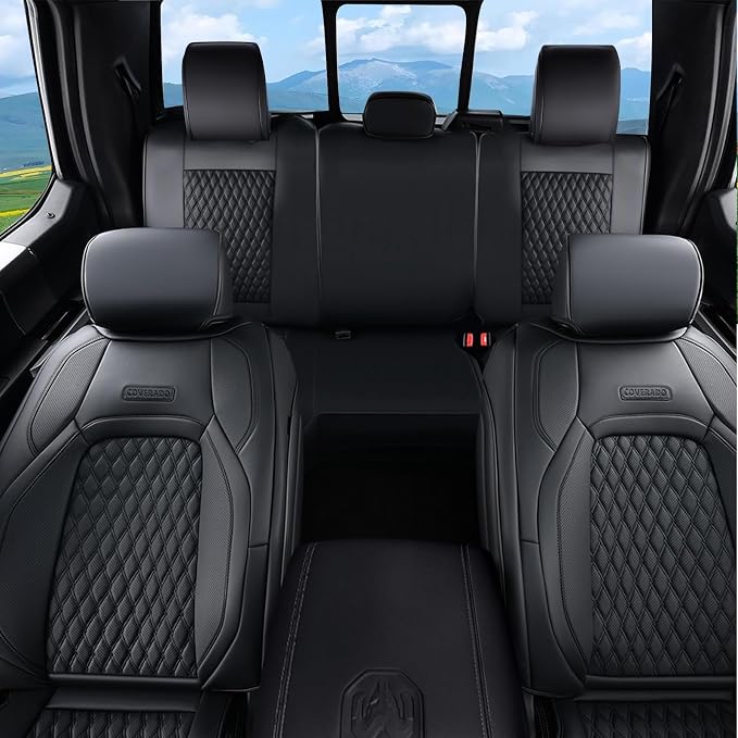 Coverado Custom Fit Seat Covers Full Set for Chevy Silverado/GMC Sierra 2014-2018 1500, 2015-2019 2500HD 3500HD Crew/Double/Extended Cab – Faux Waterproof Leather (Black)