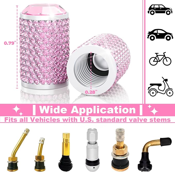BFXM 4Pcs Car Tire Valve Stem Caps, Bling Tire Air Cap for Car, Car Accessories for Women Universal Stem Covers, Anodized Aluminum Tires Valve Cap with O Rubber Ring, Crystal Diamond
