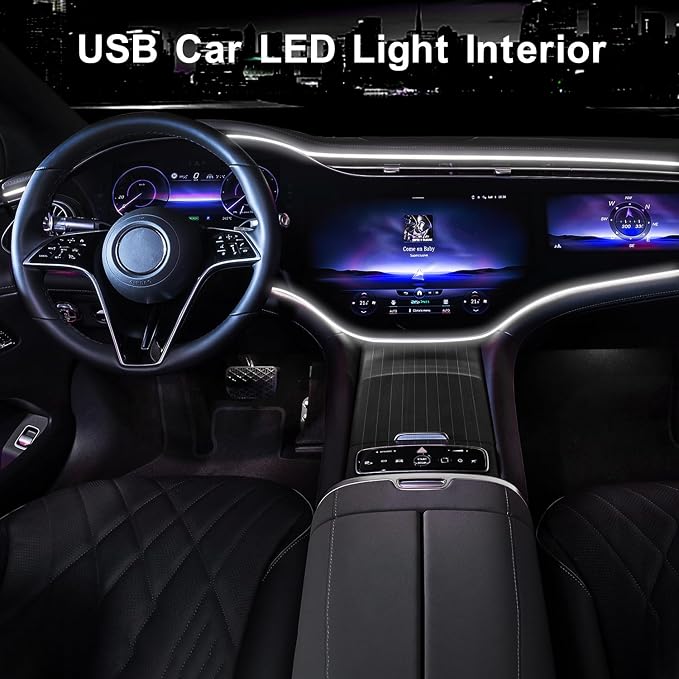 EL Wire Interior Car LED Strip Lights, 16.5FT USB Neon Glowing Strobing Electroluminescent Wire Lights with 6mm Sewing Edge, Ambient Lighting Kits for Car Indoor Decoration (White)