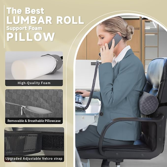 Lumbar Roll Pillow for Lower Back, Lumbar Support Foam Roll Cushion with Pillowcase and Upgraded Strap for Office, Chair, Car, Seat Pain Relief & Improving Posture (Light Grey, Short-11*4.3'') | Removable Pillowcase, Upgraded Adjustable Strap, Suitable...