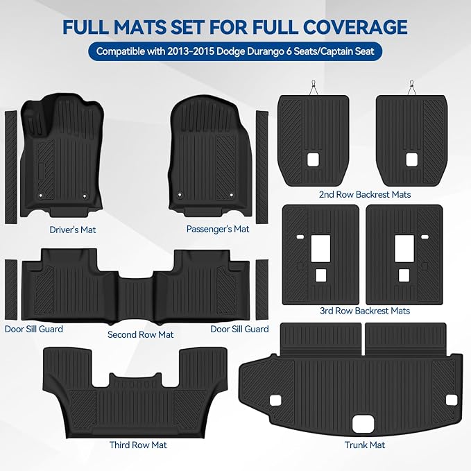 Custom Fit Floor Mats for 2013-2015 Dodge Durango 6 Seats/Captain Seat, All Weather TPE Floor Liners & Trunk Mat & 2nd/3rd Row Backrest Mat & Door Sill Guard, Full Set Interior Accessories