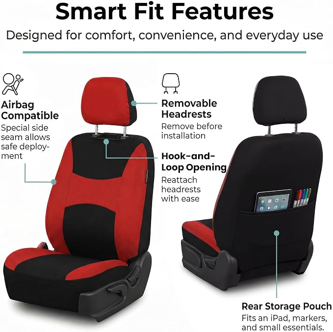 FH Group Universal Car Seat Covers Front Set for SUV Truck Sedan Vans | Waterproof All-Purpose Cloth Seat Cover Set Airbag Compatible Washable Split Bench Protector Interior Upgrade - Red