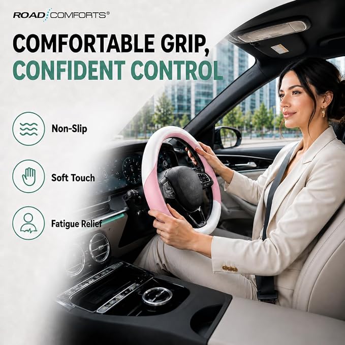 Road Comforts Steering Wheel Cover – Breathable Leather Steering Wheel Cover, Anti-Slip Grip, Universal Fit 14.5” to 15”, Heat & Cold Resistant for Cars, SUVs, and Trucks –Shining White & Pink