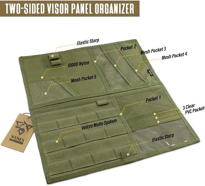 WYNEX Car Visor Organizer 2-Sided MOLLE Panel, for Car Trucks Pickup Vans | Fold:M-13.8x7", 3 Hoop-N-Loop Strap, Auto Sun Visor Storage Pouch, for Car Gadget, Daily Driving Road Trip