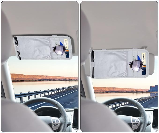 Wisdompro Car Sun Visor Storage Pouch, Sunglasses Bag & 3 CD Sleeves, Gray | with Pen Holder and Elastic Strap, Auto Sunvisor Organizer Pocket for Glasses, Document, Card, DVD, Papers, Receipts