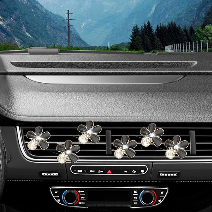 Mandark 6PCS Bling Daisy Flower Car Air Vent Clip, Crystal Rhinestone Vehicle Air Vent Outlet Clip, Cute Auto Air Conditioning Clip Charm Interior Decor Accessories for Women Girls（Black）