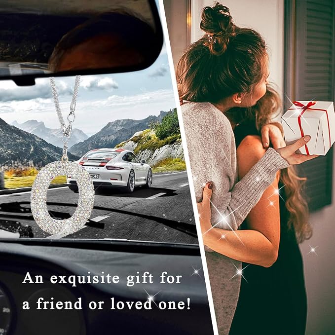 DXNQ Bling Initial Car Rear View Mirror Ornament, Crystal Sparkling Cute Letter Charm Pendant Auto Decor, Hanging Lucky Diamond Initial Charm Car Mirror Bag Ornament for Girl Women (Letter O)