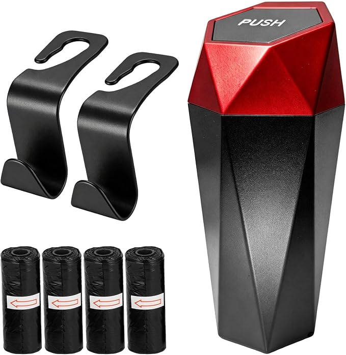 Car Trash Can with Lid, Waterproof Diamond Design Auto Cup Holder Trash Bin, Leakproof Mini Garbage Organizer for Vehicle Home Office Kitchen Bedroom, Car Accessories (Red)