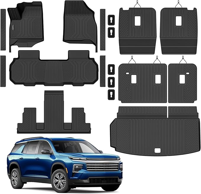 Floor Mats Cargo Liner with Backrest Mat for 2024-2026 Chevy Traverse & 2024-2026 GMC Acadia & 2025-2026 Buick Enclave 7 Seats Captain Chairs, TPE Rubber Mats Full Set wih Door Sill Guards Accessories