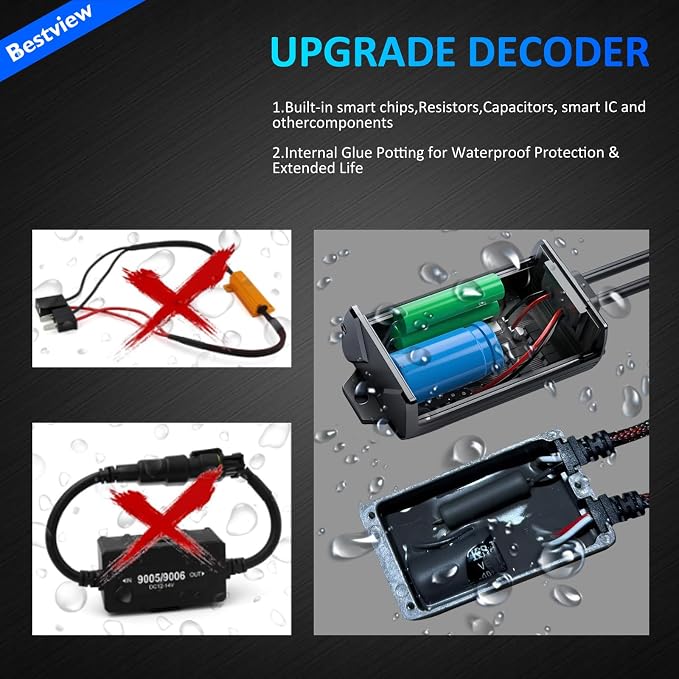 H4 9003 LED Canbus Decoder: 2PCS H4 9003 Anti Flicker Harness/Load Resistor with Waterproof Rubber Ring for Led Headlight Bulb, Canbus Decoders Error Free, LED Warning Canceller Resistor Adapter