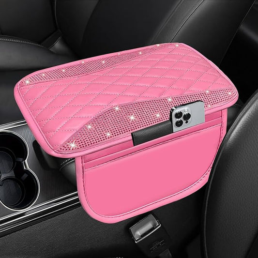 NBTEPEM Bling Pink Car Center Console Cover, Leather Middle Console Cover with 2 Storage Bags, Universal Arm Rest Cover Protector, Bling Car Accessories Interior Fit for Most Vehicles, Pink Leather