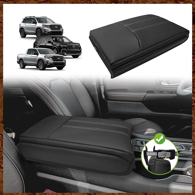 Muslogy Center Console Armrest Cover Fit for Honda Pilot 2023-2026, 2024-2026 Ridgeline/Passport Accessories, Comfort Armrest Pad Console Lid Cushion Vegan Leather 1-Inch Extra Thick