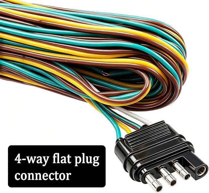 25ft 4 Wire 4-Flat Trailer Light Wiring Harness Extension Kit, Trailer Wiring Harness with 18 Gauge White Ground Wire for Trailers O-016