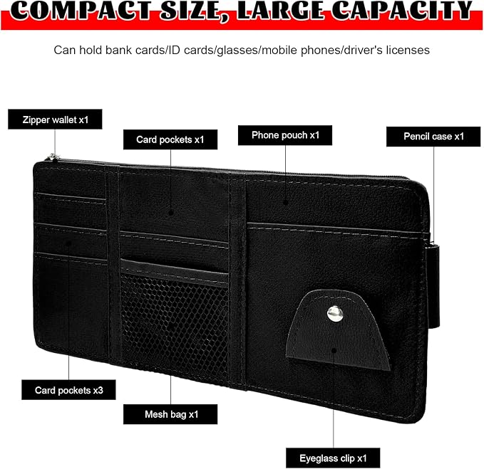 Car Sun Visor Organizer, Multifunctional Auto Visor Storage Bag with Net Pocket & Eyeglass Clamp, Waterproof Multi-Pocket Storage Pouch Ticket Organizer for Car Sun Visors (Black)