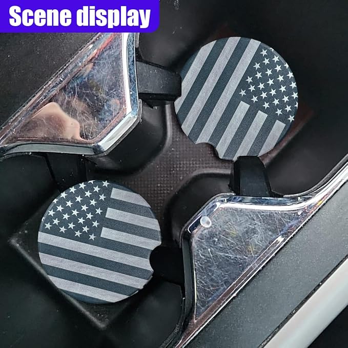 Craedli 2PCS American Flag Car Coasters for Cup Holders, 2.51" Absorbent Ceramic Anti-Slip Drink Insert Car Cup Holder Coaster with Finger Notch, Universal Auto Interior Accessory for Women Men (Gray)