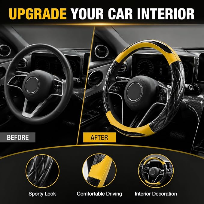 14.5-15 Inch Leather Steering Wheel Cover with Soft Padded Lining, Anti-Slip Comfort Grip, Universal Steering Wheel Protector for Most Cars, SUVs, Trucks (Yellow)