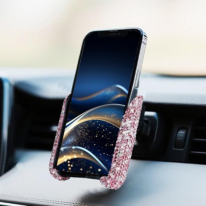 Bling Rhinestone Car Phone Holder, Mini Universal 360° Adjustable Auto Mount For Dash & Air Vent, Crystal Car Accessories For Women & Girls (Pink)