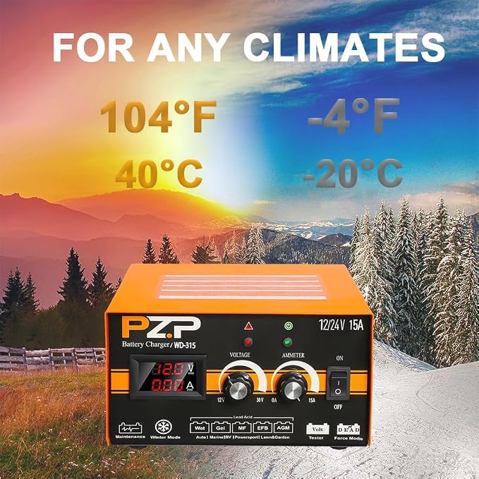 PZP 0-15Amp12V 24V Manual Battery Charger Maintainer, Arbitrarily Adjustable Car Battery Trickle Charger, Battery Desulfator with Repair, Winter Mode, Suitable for Motorcycle Car Truck Lawnmower Boat