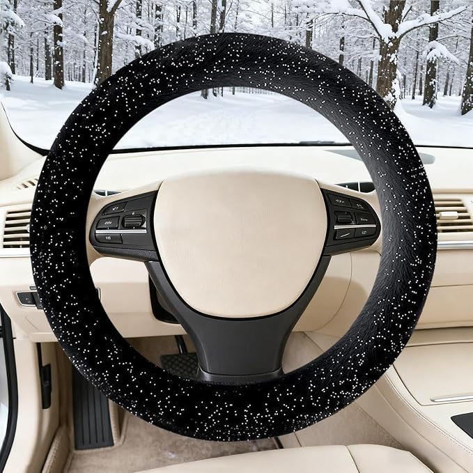 Black Bling Starry Sky Furry Steering Wheel Cover, Universal 14.5-15 Inch Winter Plush Warm Steering Wheel Cover, Soft Fluffy, Anti-Slip Design, Soft Texture