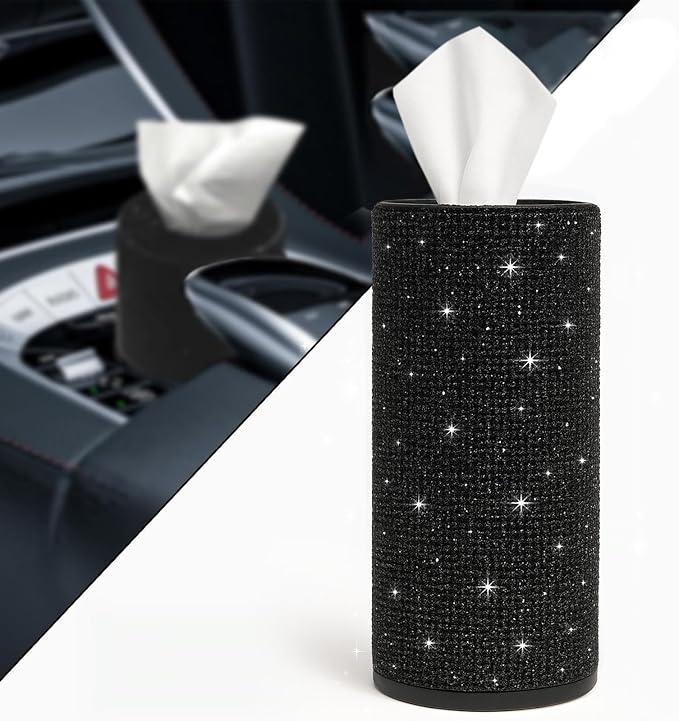 Bling Car Tissue Holder for Cup Holder – Sparkly Rhinestone Round Tissue Dispenser with 1 Pack Tissues – Fits Standard Auto Cup Holders – Stylish Car Interior Accessory for Women(Black)