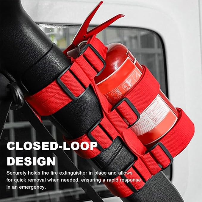Ohleats Roll Bar Fire Extinguisher Holder, Adjustable Fire Extinguisher Mount Strap with American Flag Pattern, Car Accessories Fixed Belt for Wrangler JK JKU TJ CJ (No Pattern, Red, 2 PCS)