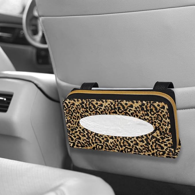 PU Leather Backseat Tissue Box Holder Leopard Pattern Sun Visor Napkin, Mask Dispenser Backseat Tissue Holder for SUV Sedans Vans Trucks
