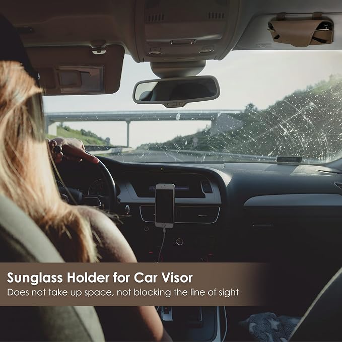 Magnetic Sunglass Holder for Car Visor, Leather Car Glasses Holder | Khaki Visor Accessories Eyeglasses Holder Glasses Storage Case